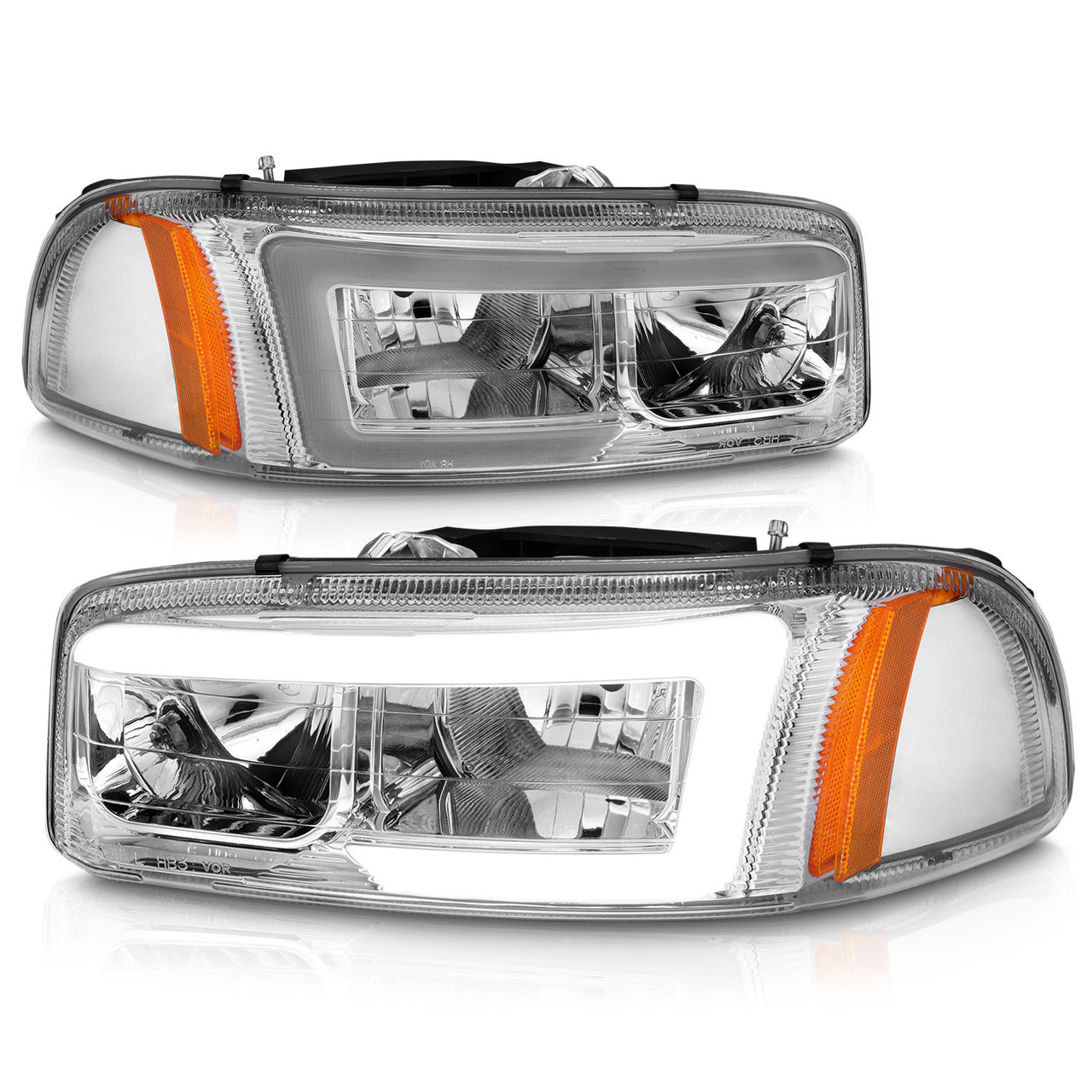 GMC SIERRA/SIERRA DENALI 99-07/SIERRA CLASSIC 2007/ YUKON/YUKON XL/YUKON DENALI 00-06 HEADLIGHTS  CHROME AMBER  (W/ C LIGHT BAR)