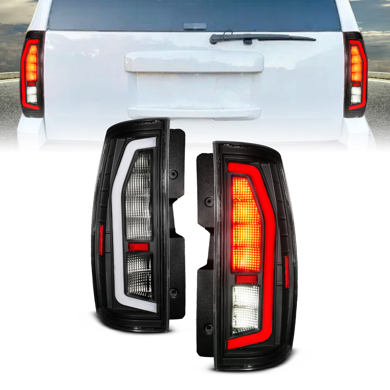 CHEVY TAHOE/SUBURBAN / GMC YUKON/YUKON XL 07-14 LED TAIL LIGHTS BLACK HOUSING CLEAR LENS W/ C LIGHT BAR G2