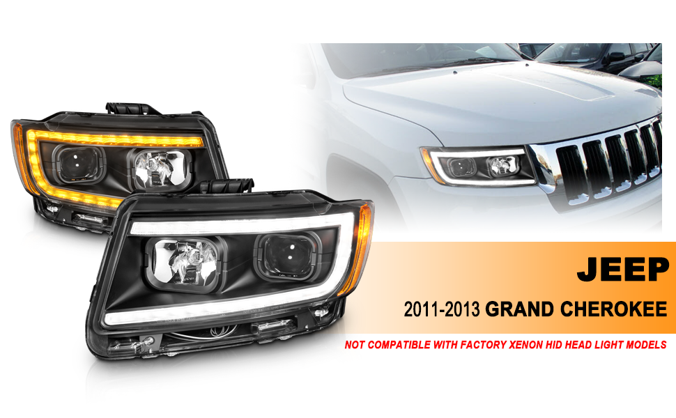 JEEP GRAND CHEROKEE 11-13 PROJECTOR SWITCHBACK HEADLIGHTS BLACK AMBER (W/ C LIGHT BAR)