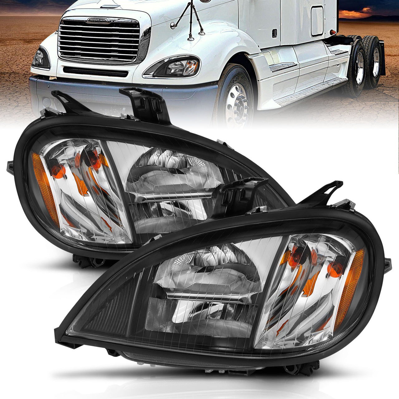 FREIGHTLINER COLUMBIA 96-13 H.L LED HIGH/LOW BEAM BLACK HOUSING AMBER REFLECTOR
