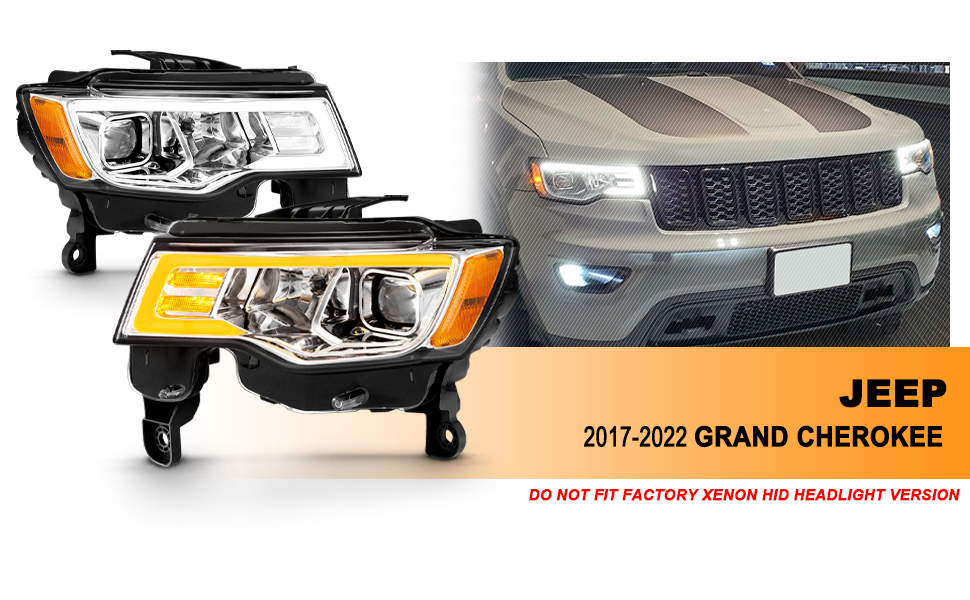 JEEP GRAND CHEROKEE 17-18 HEADLIGHTS PROJECTOR LIGHT BAR STYLE SWITCHBACK HEADLIGHTS CHROME AMBER