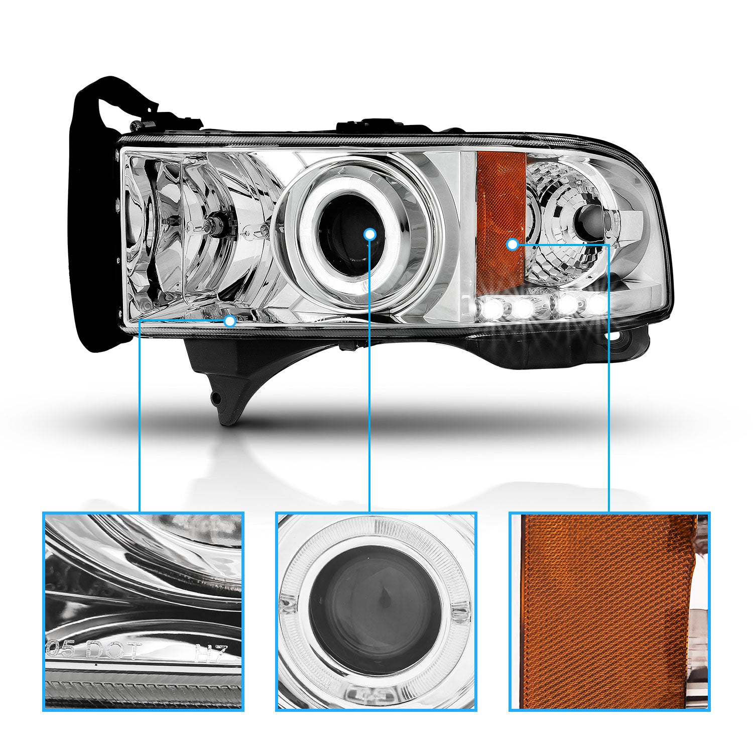 DODGE RAM 94-01 PROJECTOR HEADLIGHTS HALO CHROME CLEAR AMBER