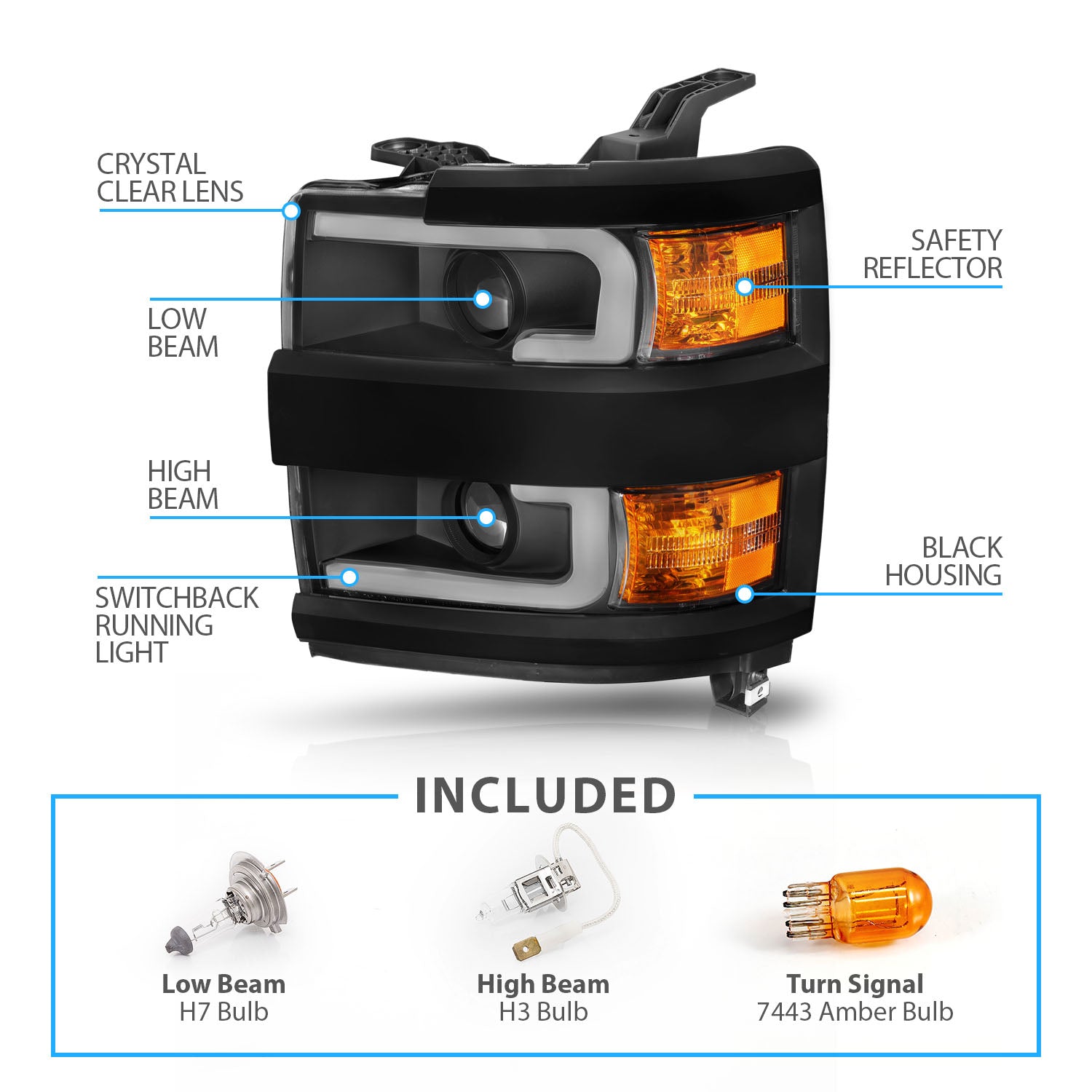CHEVY SILVERADO 2500HD3500HD 15-17 PROJECTOR LIGHT BAR STYLE SWITCHBACK HEADLIGHTS BLACK AMBER (BLACK RIM)