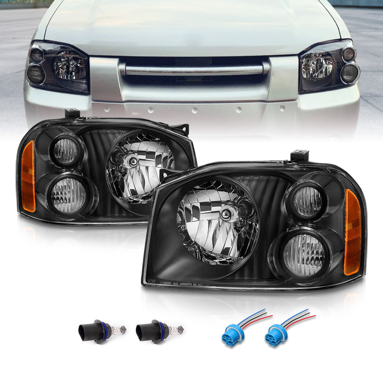 NISSAN FRONTIER 01-04 SE/SC MODEL HEADLIGHTS CRYSTAL BLACK AMBER
