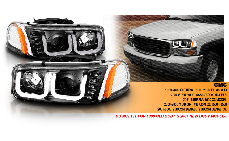 GMC SIERRA C3 99-02/SIERRA DENALI 99-07/YUKON/YUKON XL/YUKON DENALI 00-06 PROJECTOR HEADLIGHTS U-BAR CHROME BLACK AMBER