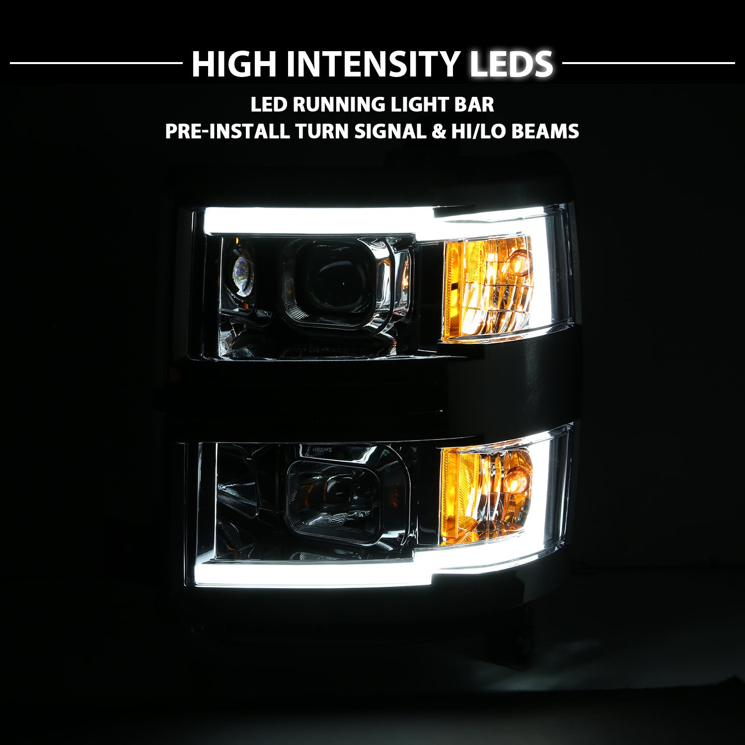 CHEVY SILVERADO 14 PROJECTOR LIGHT BAR STYLE HEADLIGHTS CHROME AMBER