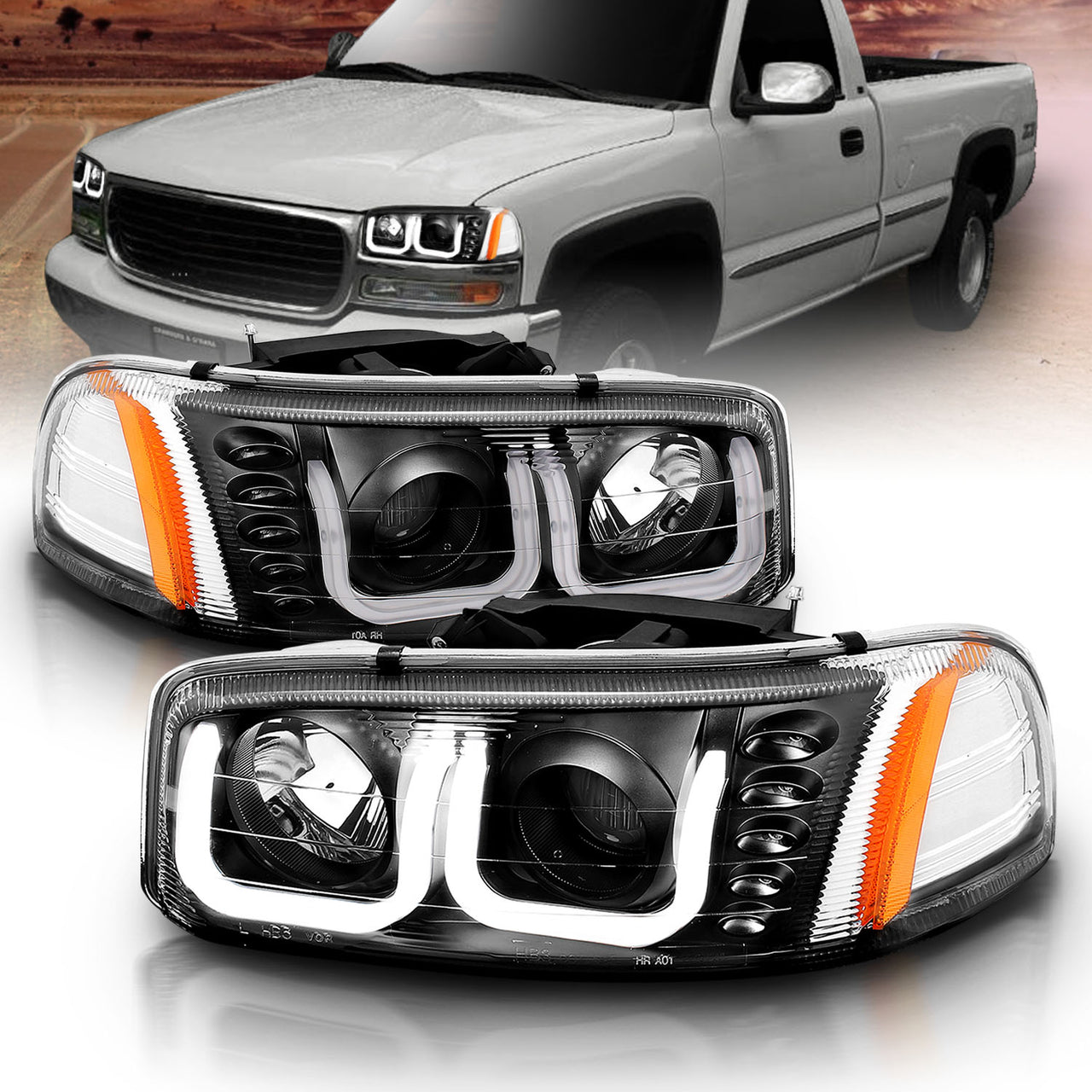 GMC SIERRA C3 99-02/SIERRA DENALI 99-07/YUKON/YUKON XL/YUKON DENALI 00-06 PROJECTOR HEADLIGHTS U-BAR CHROME BLACK AMBER