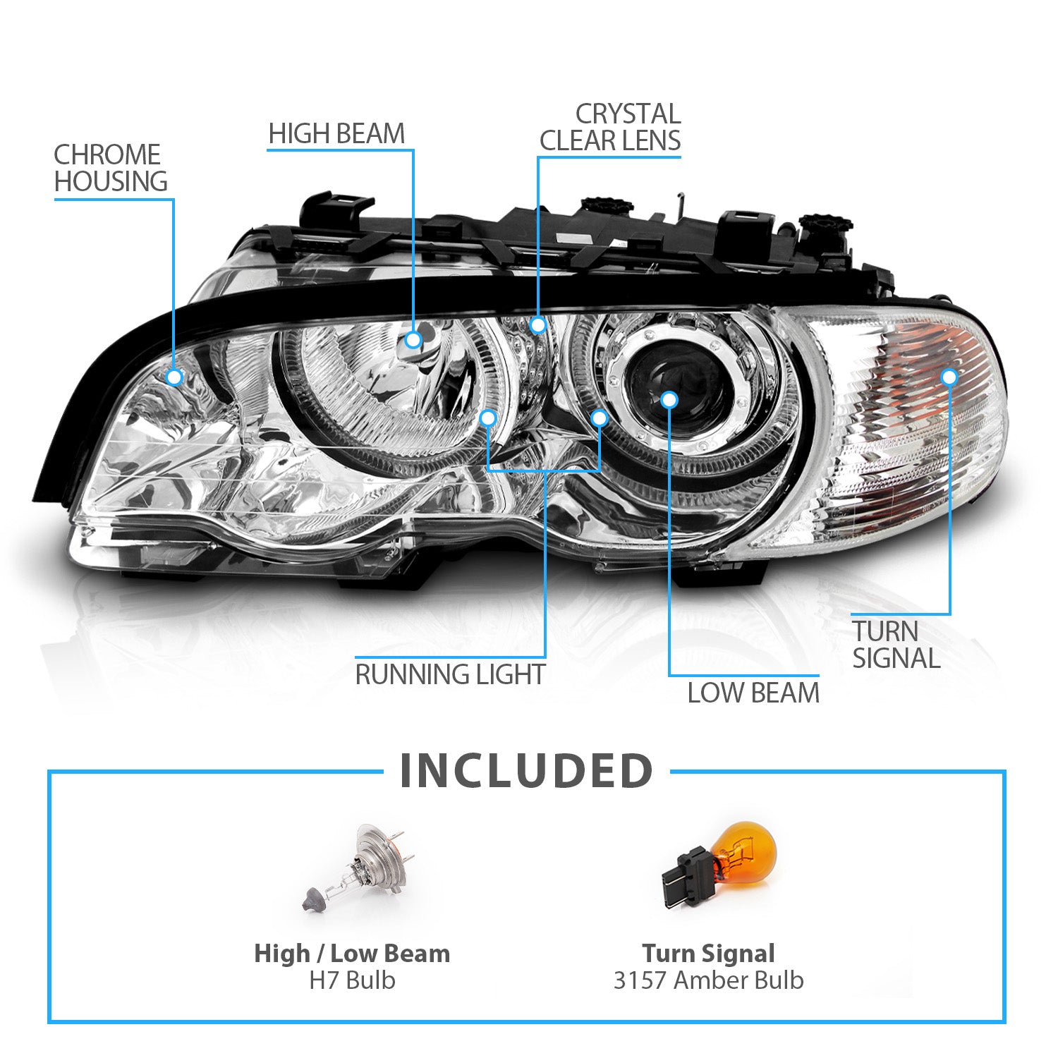 BMW 3 SERIES E46 (M3) 99-01 2DR PROJECTOR HEADLIGHTS W/ CORNER LIGHTS HALO CHROME CLEAR