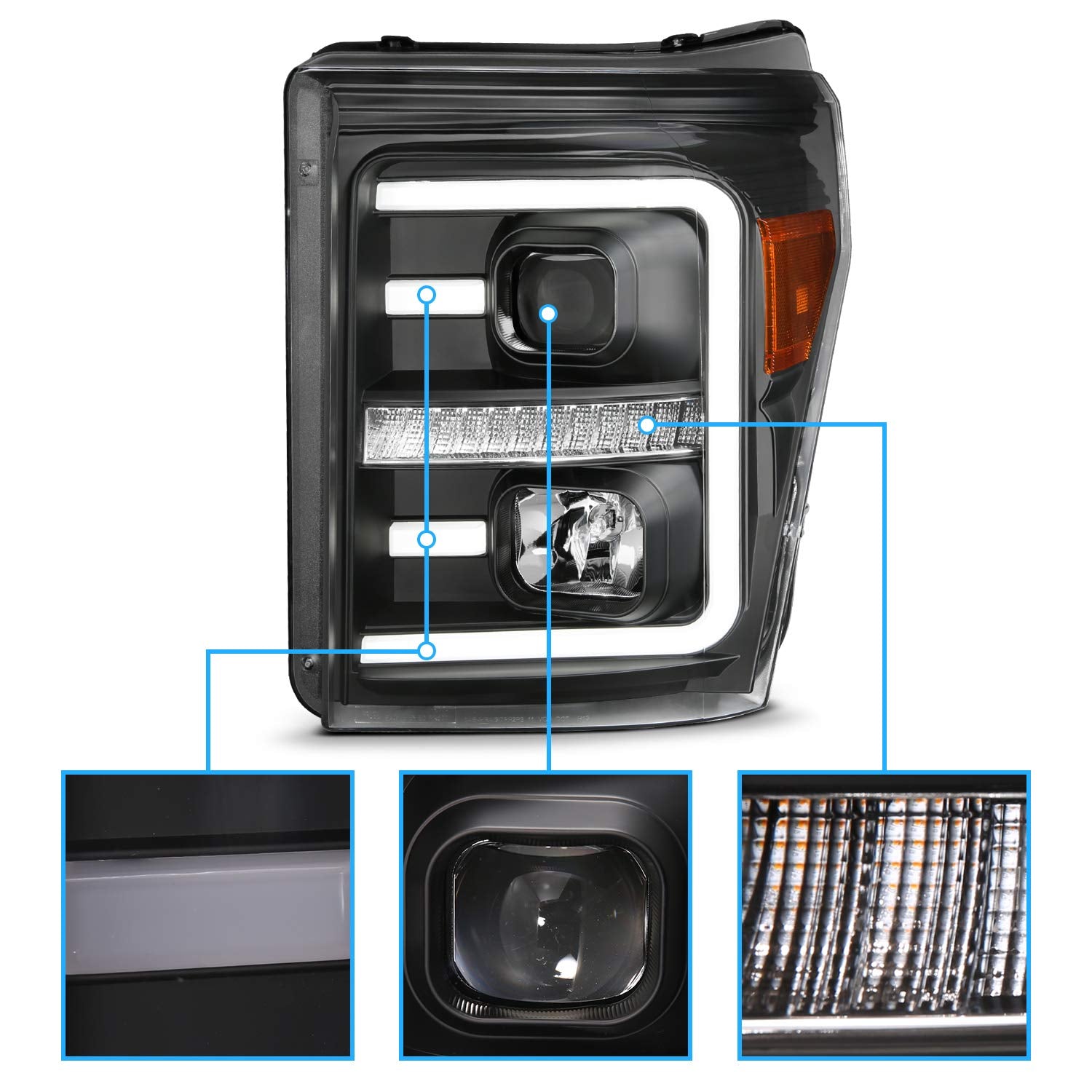 FORD F-250/SUPER DUTY 11-16 PROJECTOR LIGHT BAR STYLE SWITCHBACK HEADLIGHTS BLACK AMBER