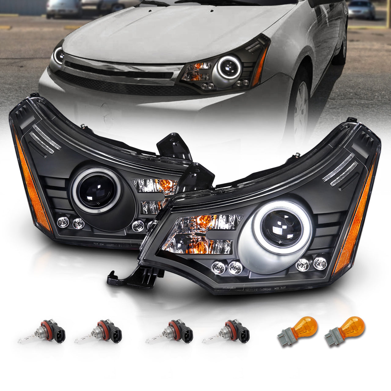 FORD FOCUS 08-11 PROJECTOR HEADLIGHTS BLACK CLEAR (RX HALO)