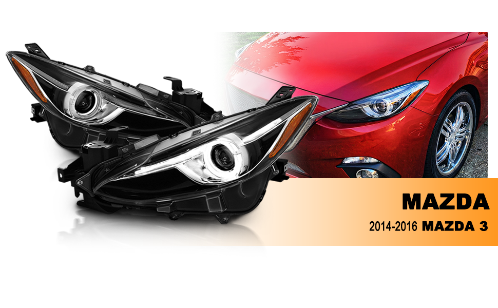 MAZDA 3 14-15 4DR PROJECTOR HEADLIGHTS WHITE PLUS LED HALO BLACK AMBER