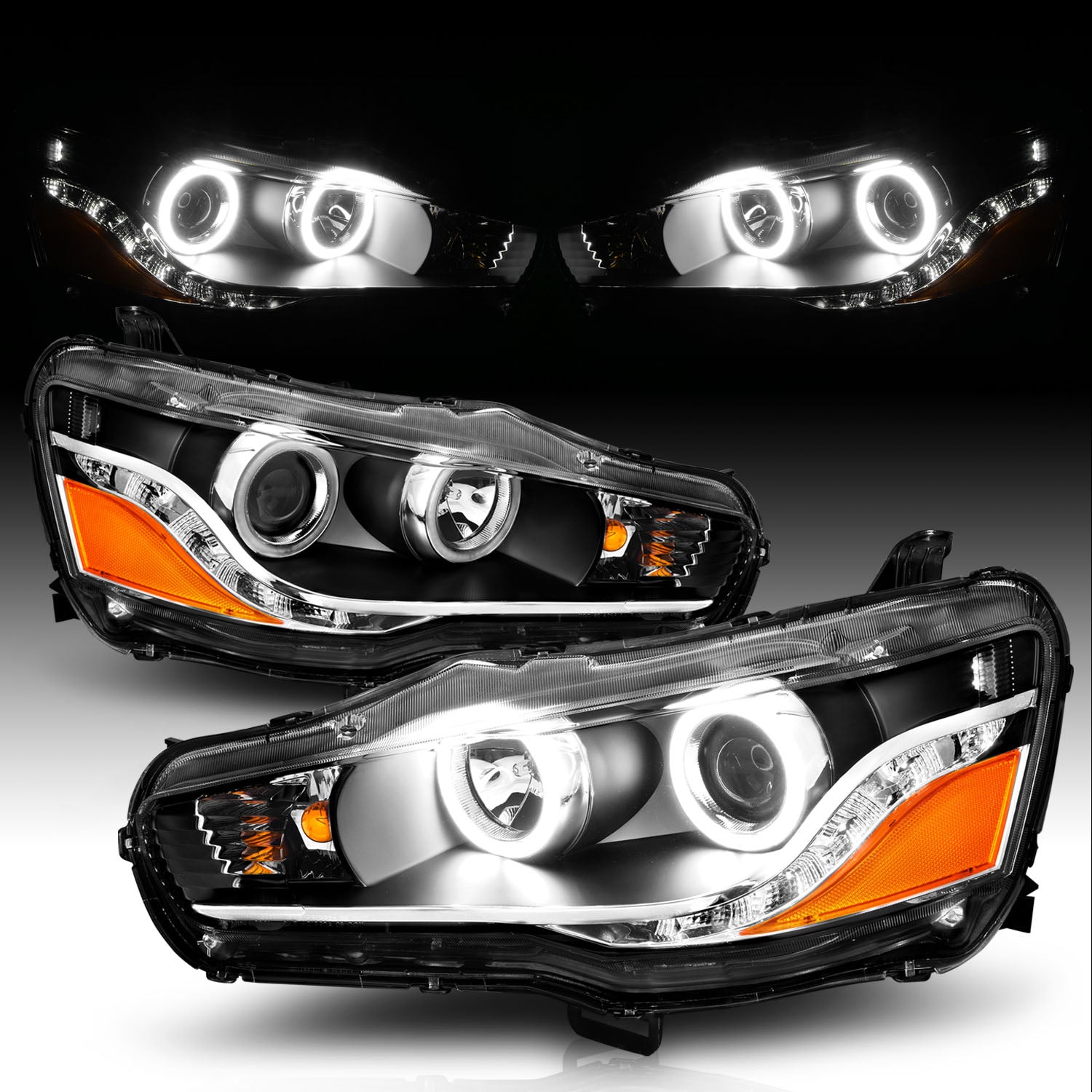 MITSUBISHI LANCER 08-15 PROJECTOR HEADLIGHTS HALO BLACK CLEAR AMBER (RX HALO)