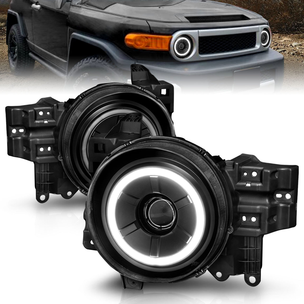 TOYOTA FJ CRUISER 07-14 PROJECTOR HEADLIGHTS BLACK CLEAR (RX HALO)
