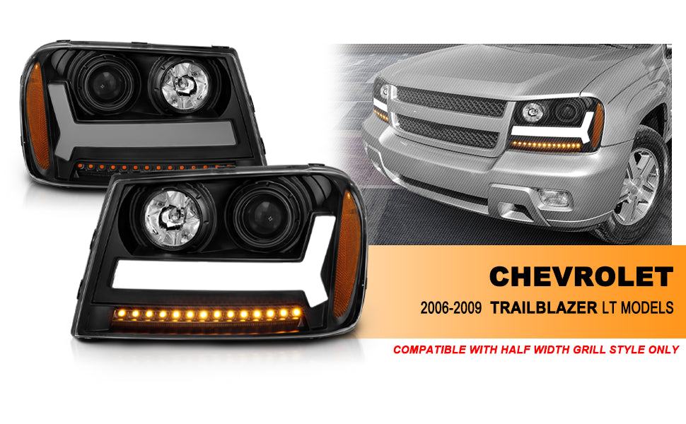 CHEVY TRAILBLAZER 06-09 LT / 08 LS PROJECTOR LIGHT BAR STYLE HEADLIGHTS BLACK AMBER