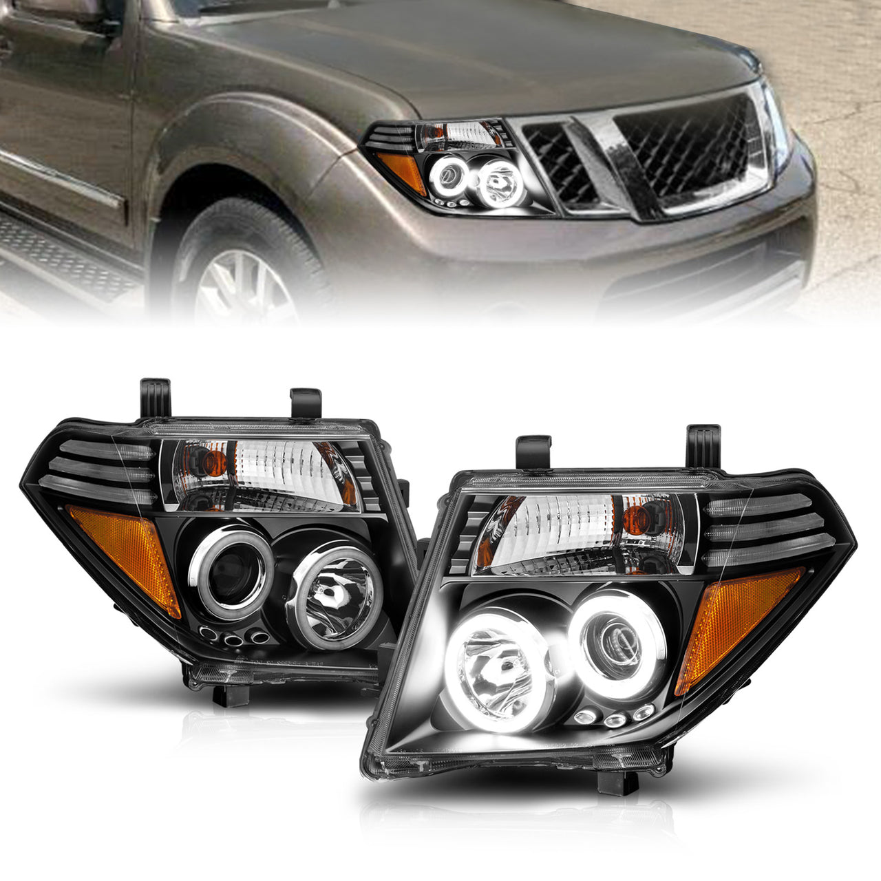 NISSAN FRONTIER 05-08 /PATHFINDER 05-07 PROJECTOR HEADLIGHTS BLACK CLEAR AMBER (Not fit V8) (RX HALO)