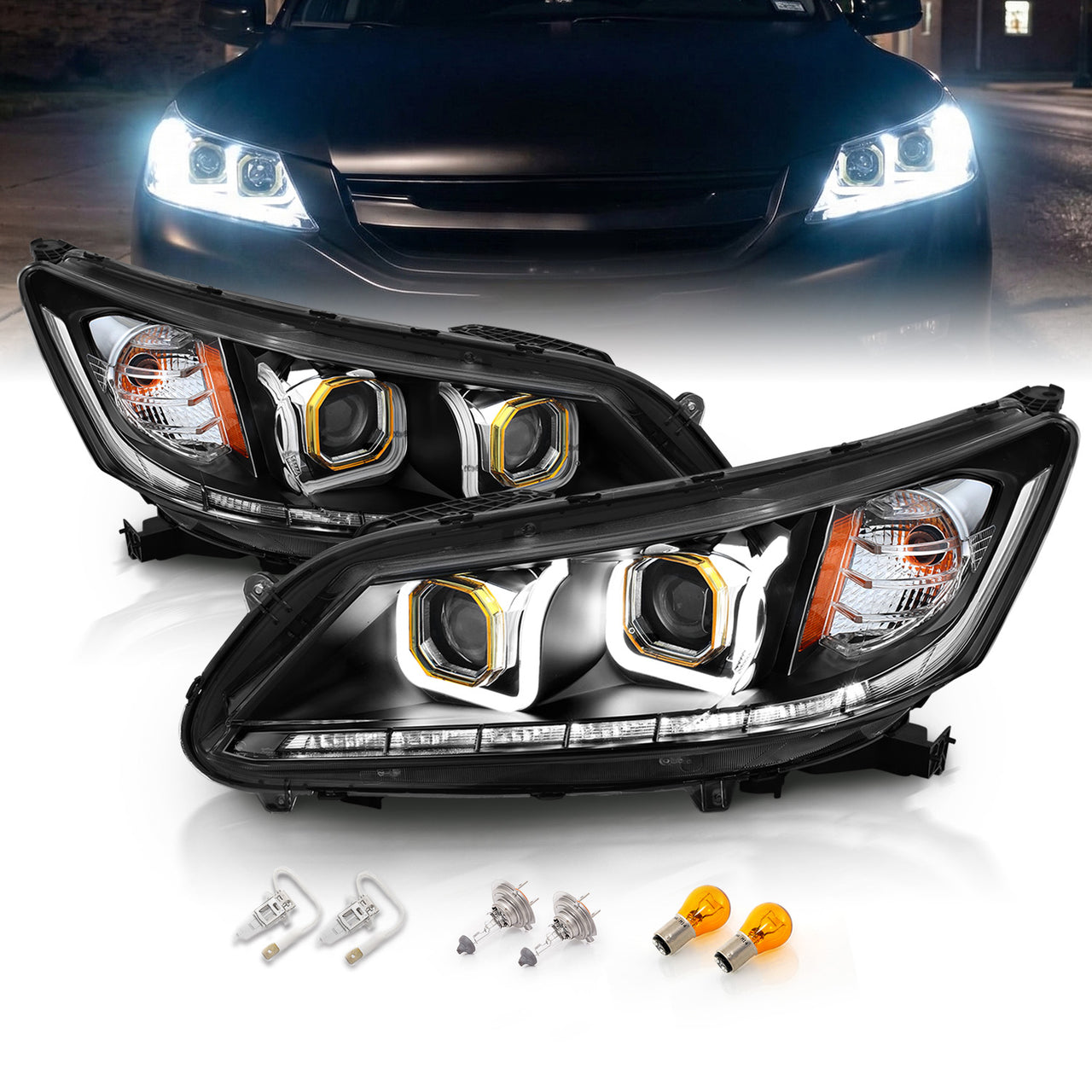 HONDA ACCORD 13 4DR PROJECTOR BAR STYLE HEADLIGHTS BLACK CLEAR AMBER