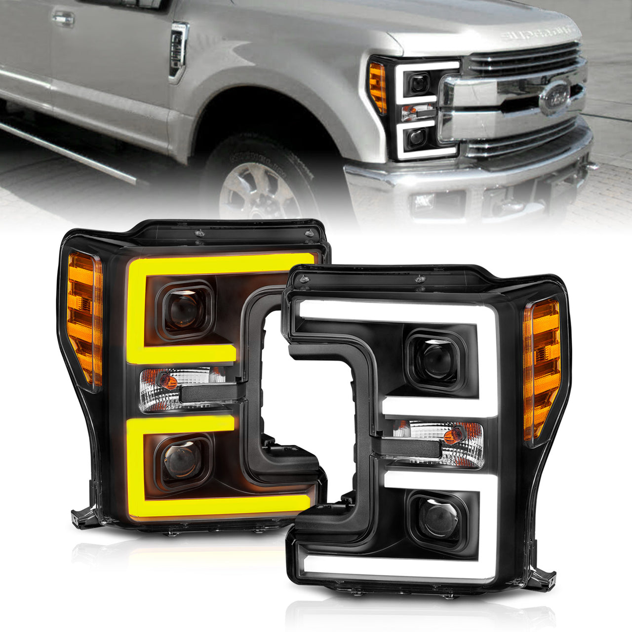 FORD F-250/F350/F450 17 UP PROJECTOR LIGHT BAR STYLE SWITCHBACK HEADLIGHTS BLACK AMBER