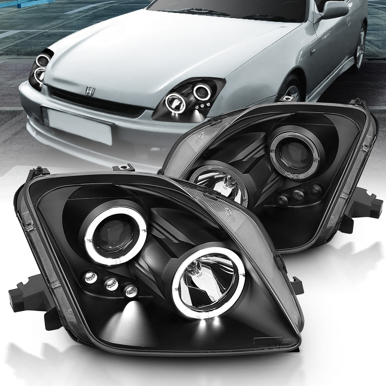 HONDA PRELUDE 97-01 PROJECTOR LED HEADLIGHTS HALO W/O CCFL BAR BLACK CLEAR