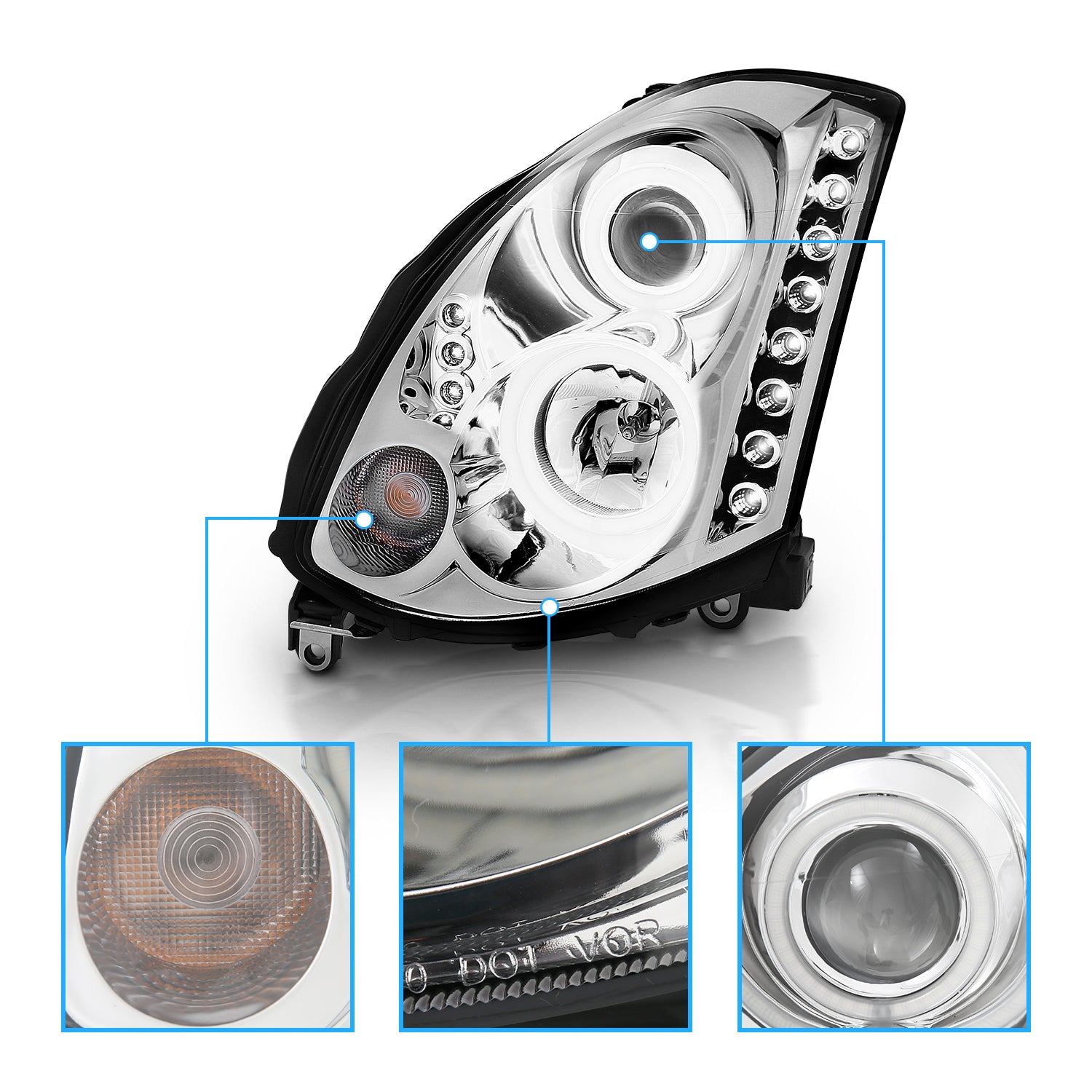 INFINITI G35 03-07 2DR HEADLIGHTS CHROME PROJECTOR CLEAR HALO (OEM HID COMPATIBLE) (RX HALO)
