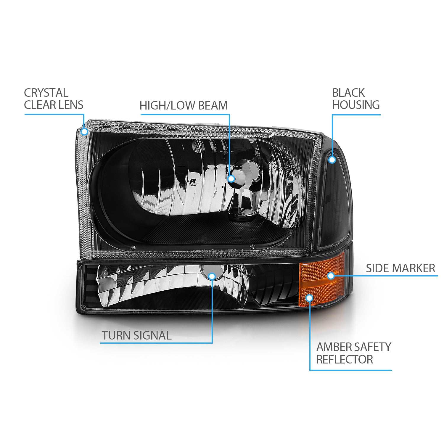 FORD EXCURSION 00-04/SUPER DUTY 99-04 HEADLIGHTS W/ CORNER LIGHTS BLACK AMBER (W/O BULB)