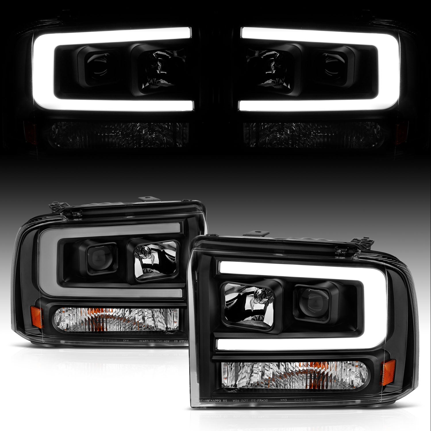 FORD F-250/350/450/550 SUPERDUTY 05-07/EXCURSION 2005 PROJECTOR HEADLIGHTS BLACK AMBER (W/ C LIGHTS BAR)