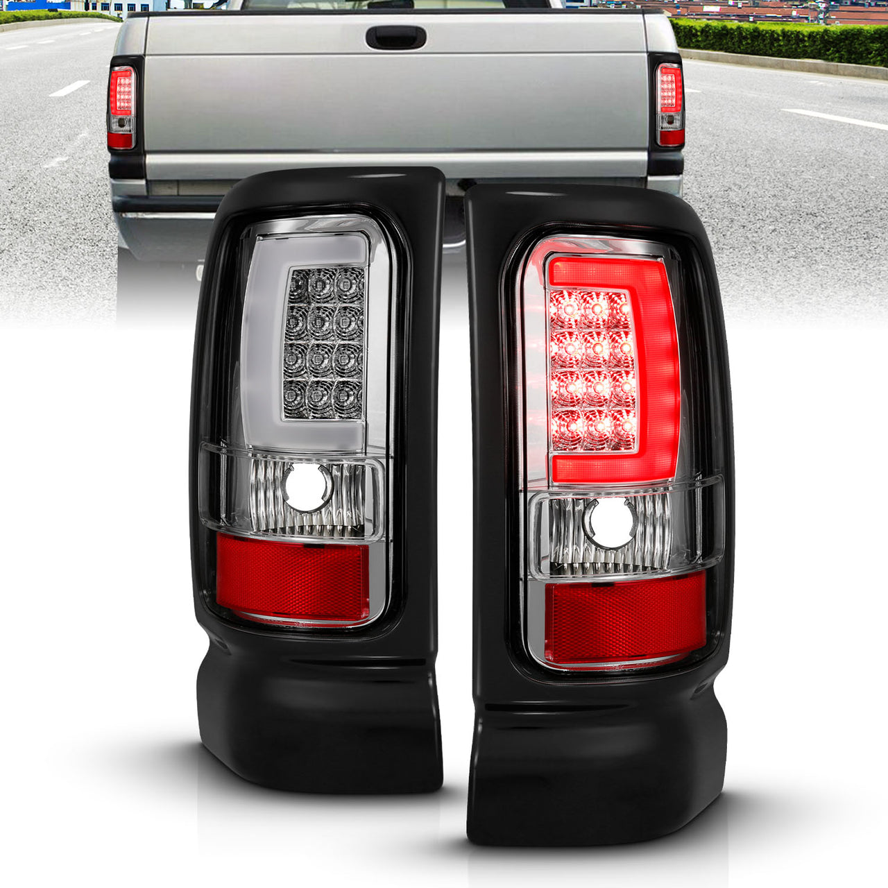 DODGE RAM 94-01  LED TAIL LIGHTS CHROME HOUSING CLEAR LENS W/ C LIGHT BAR