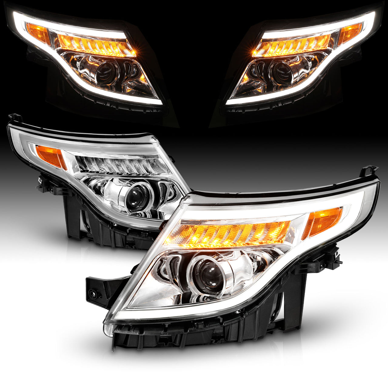 FORD EXPLORER 11-15 (13-15 BASE, XLT, LIMITED) PROJECTOR LIGHT BAR STYLE HEADLIGHTS CHROME AMBER
