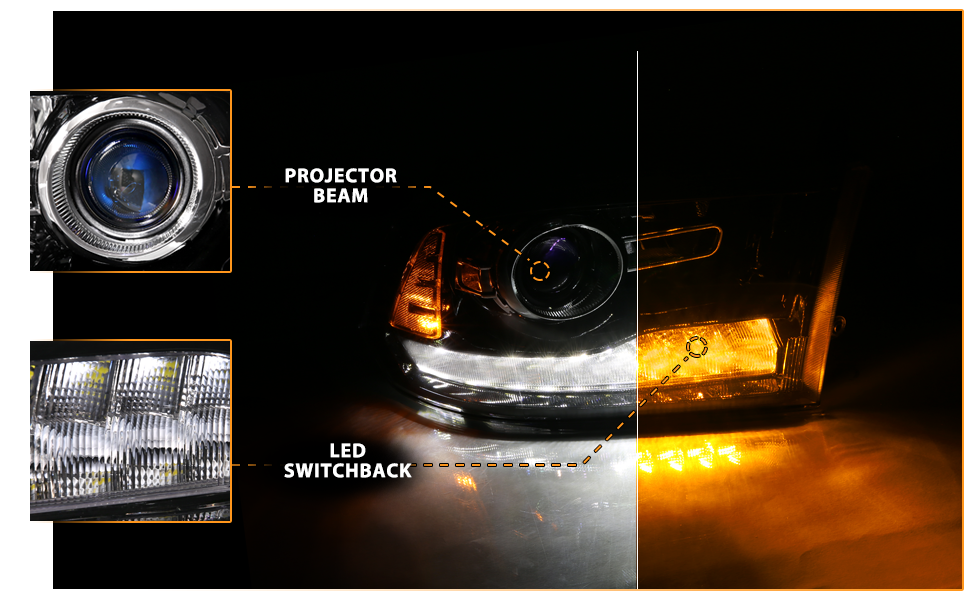 DODGE RAM 09-18 PROJECTOR PLANK STYLE SWITCHBACK H.L BLACK AMBER (OE STYLE) (LIGHT BLACK) (ALL MODEL)