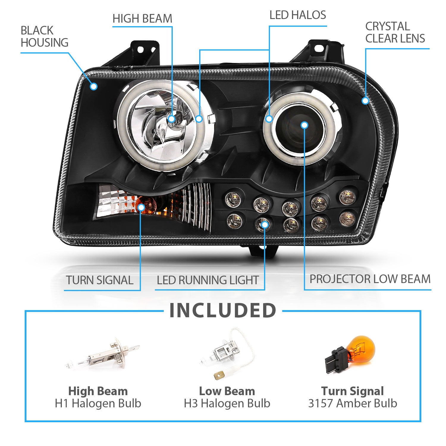CHRYSLER 300 (05:2.7L,3.5L ENG)/(07-10:W/O DELAY OPTION) 05-10 PROJECTOR HEADLIGHTS HALO LED BLACK (RX HALO)