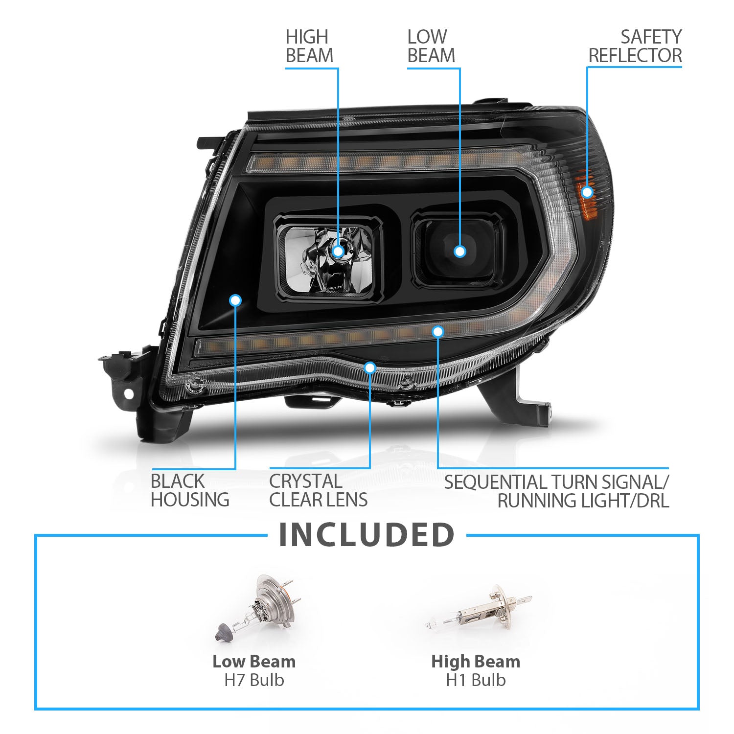 TOYOTA TACOMA 05-11 PROJECTOR SEQUENTIAL LIGHT BAR STYLE HEADLIGHTS BLACK AMBER  (W/ C LIGHT BAR)