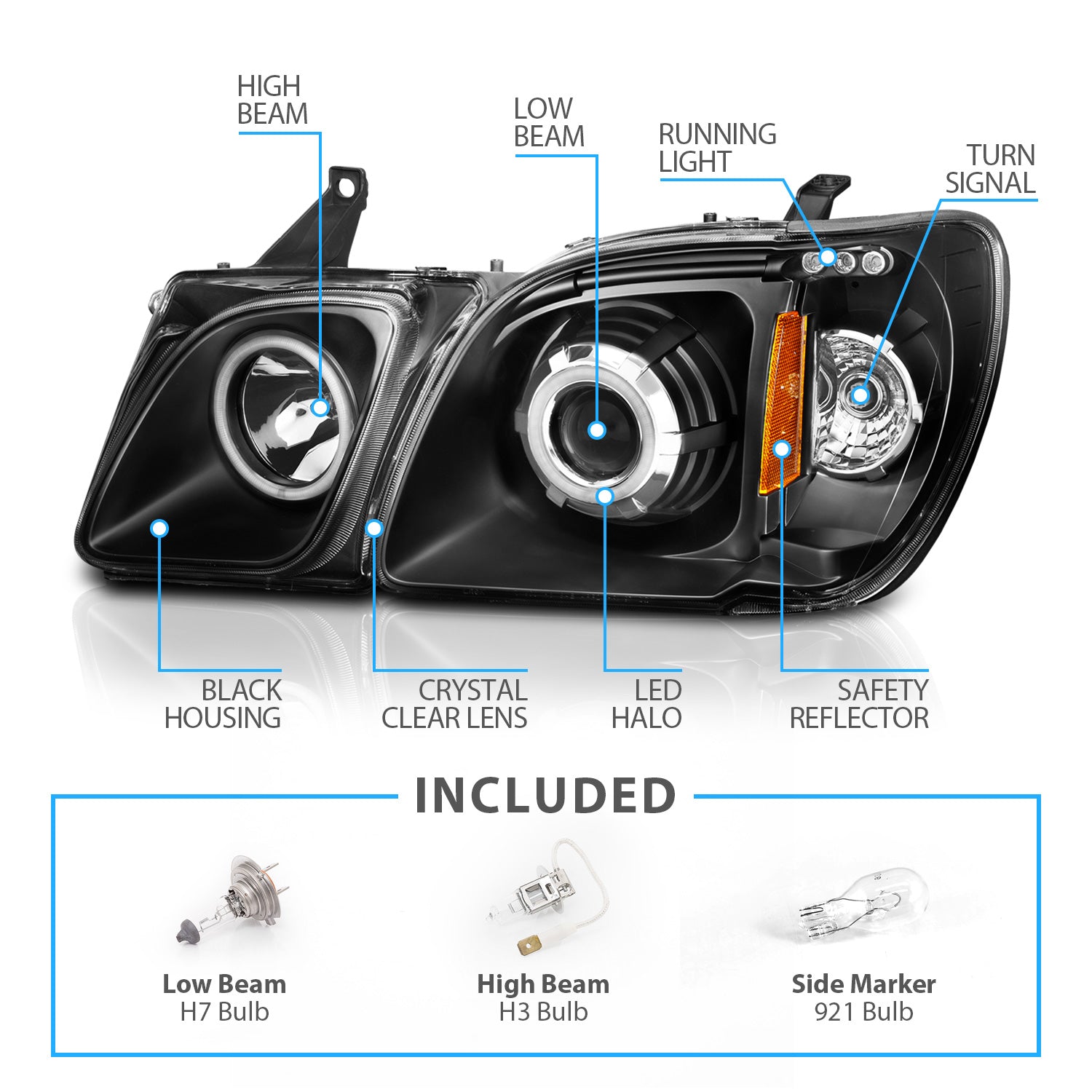 LEXUS LX470 98-07 PROJECTOR HEADLIGHTS HALO BLACK CLEAR AMBER (RX HALO)