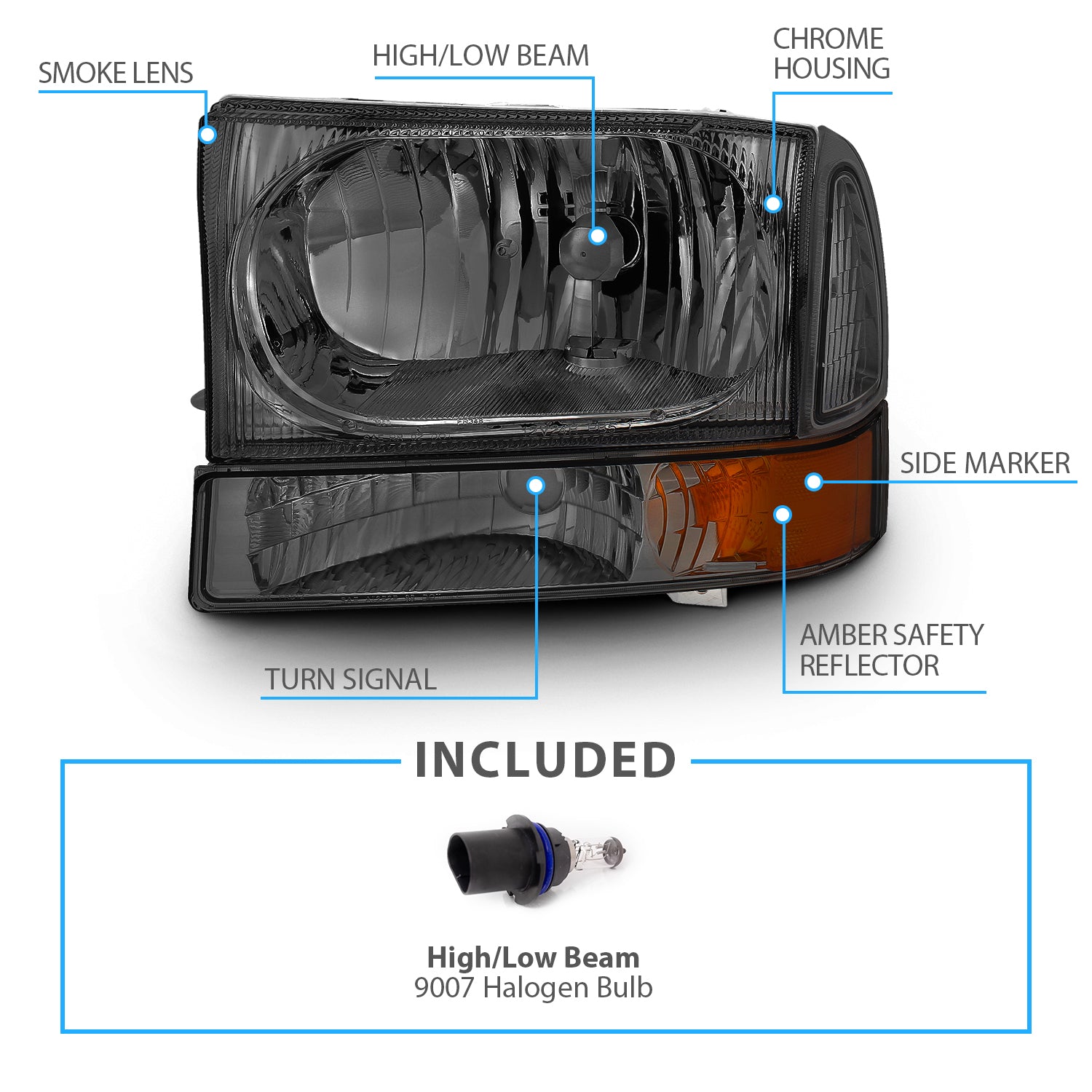 FORD EXCURSION 00-04/SUPER DUTY 99-04 HEADLIGHTS W/ CORNER LGHTS SMOKE AMBER