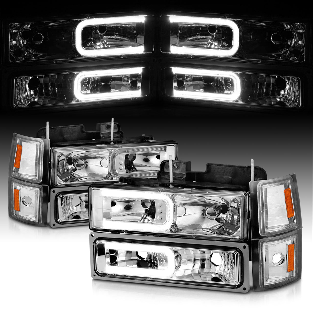 CHEVY CK / C10 /SILVERADO/ TAHOE / SUBURBAN/BLAZER 94-98 HEADLIGHTS  W/ SIGNAL & SIDE MARKERS (8PCS) SET CHROME HOUSING CLEAR LENS W/ C LIGHT BAR