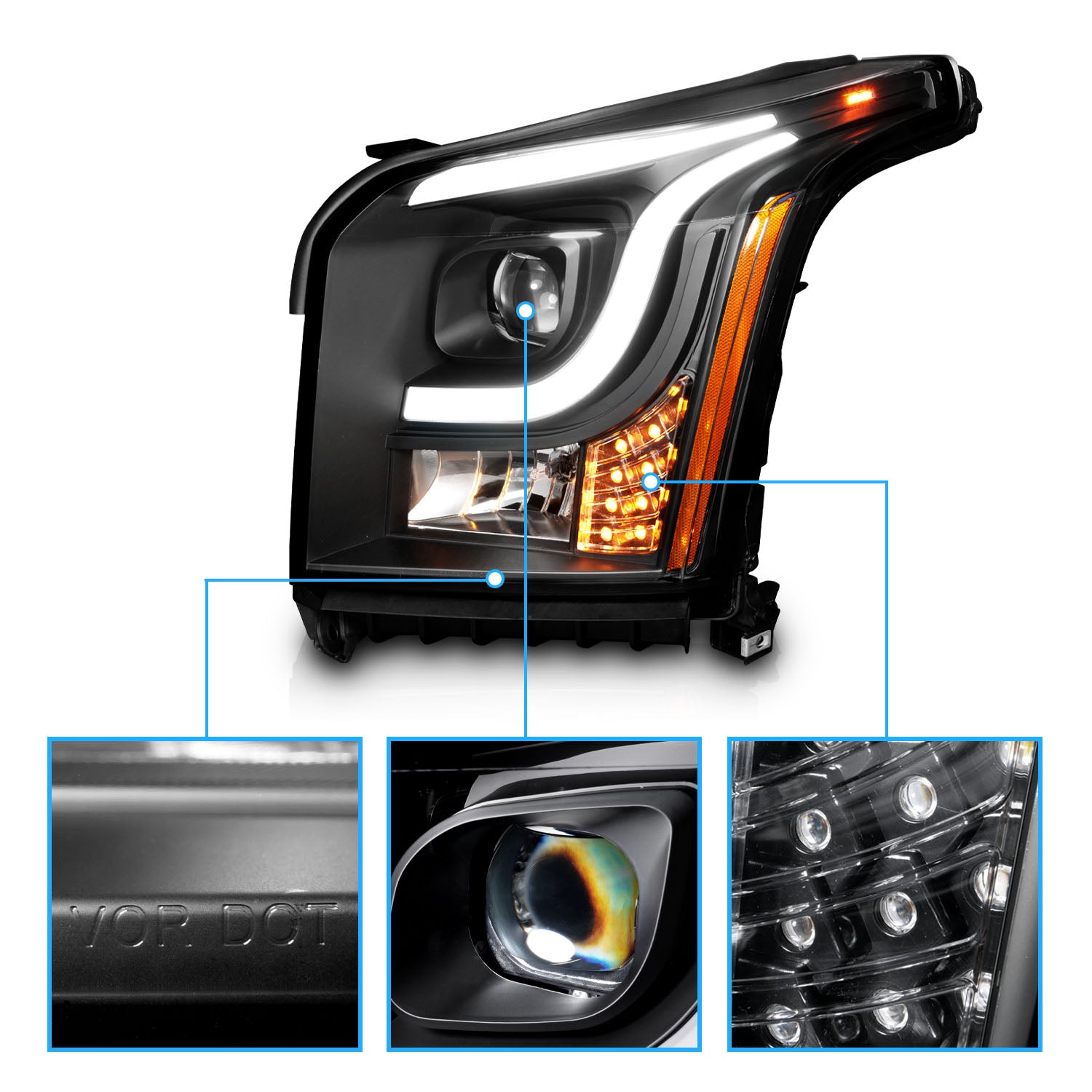GMC YUKON/YUKON XL 15-19 PROJECTOR LIGHT BAR STYLE HEADLIGHTS BLACK CLEAR AMBER