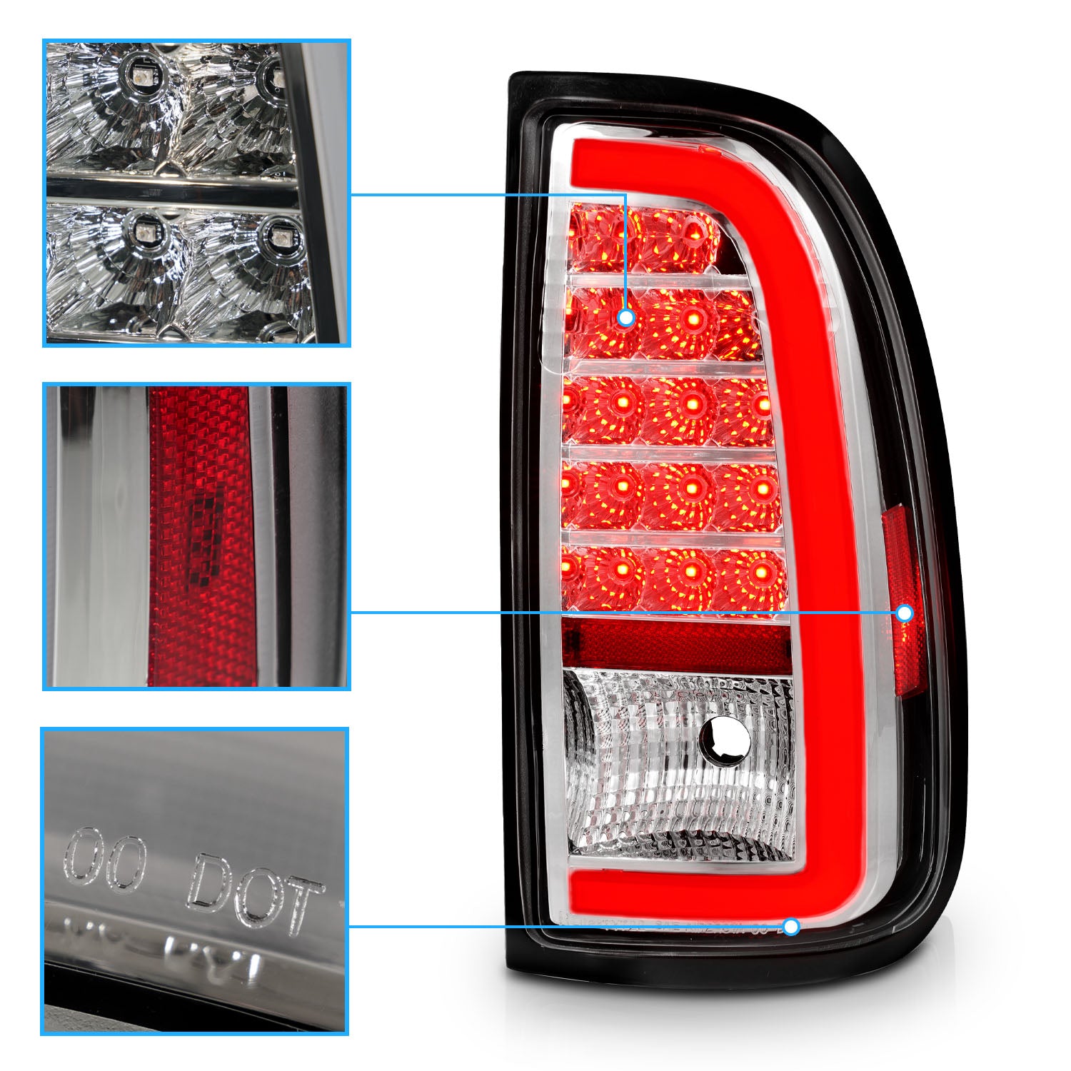 TOYOTA TUNDRA 00-06 LED TAIL LIGHTS CHROME HOUSING CLEAR LENS W/ C LIGHT BAR (STD BED REGULAR CAB, ACCESS CAB)