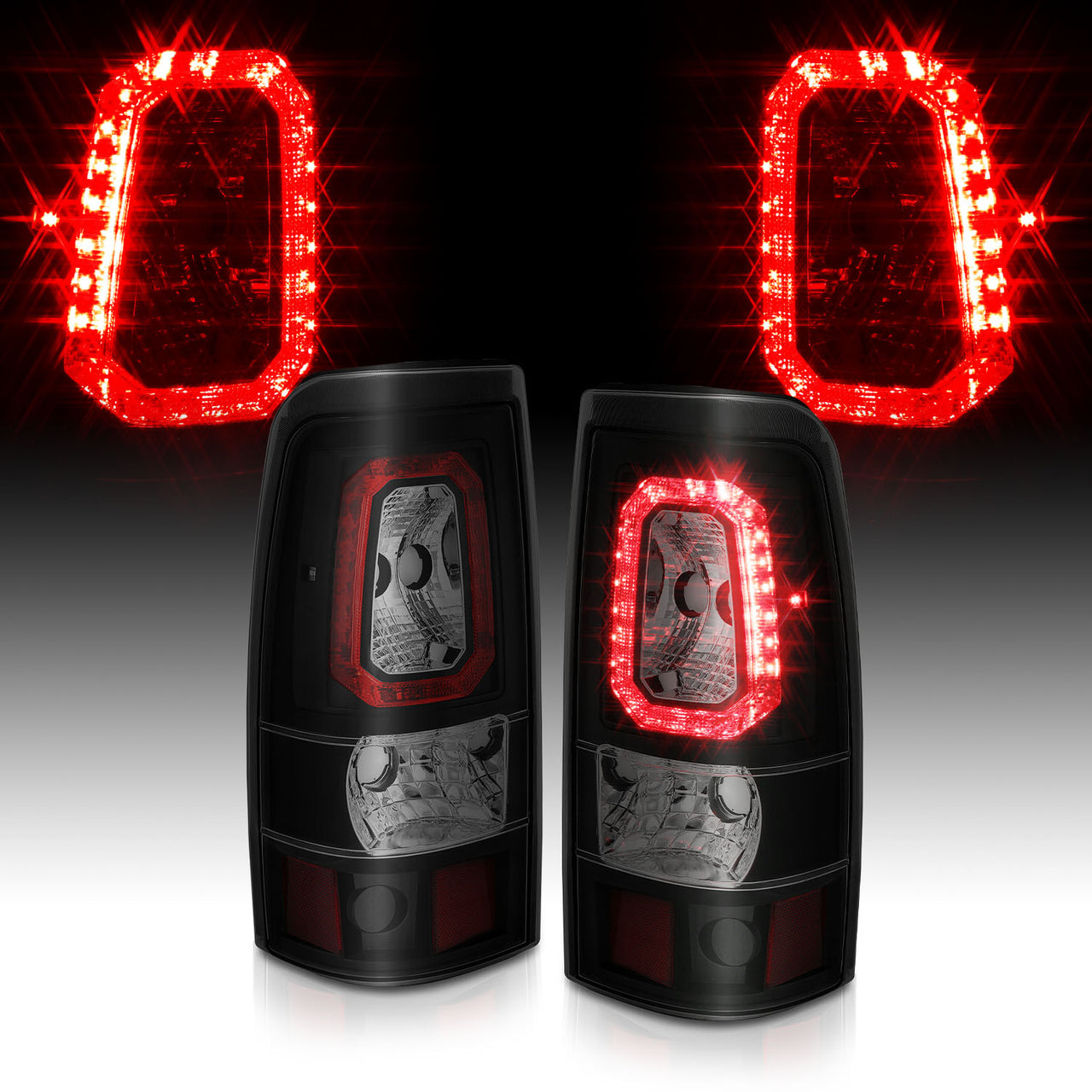 GMC SIERRA 99-07/CHEVY SILVERADO 99-03 (1500/2500 SERIES 99-02 & 3500 SERIES 2003) LED TAIL LIGHTS RED COLOR LIGHT BAR BLACK HOUSING SMOKE LENS (3 HOLE)