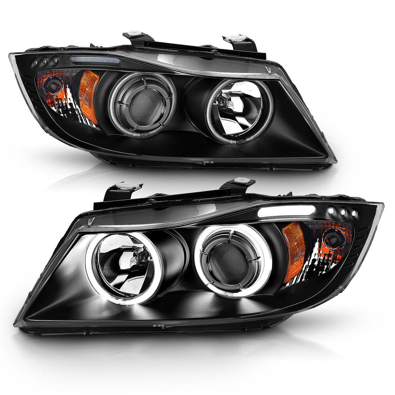 BMW 3 SERIES E90/E91 06-08 4DR/WAGON PROJECTOR HEADLIGHTS HALO W/ LED BAR BLACK CLEAR AMBER (RX HALO)