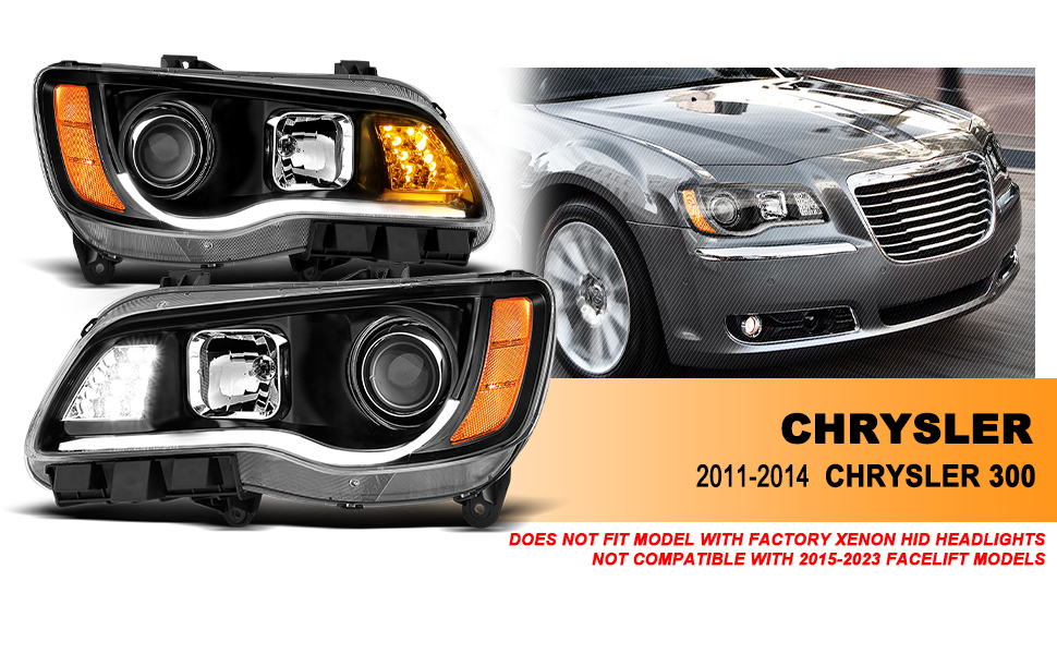 CHRYSLER 300 11-UP PROJECTOR LIGHT BAR STYLE HEADLIGHTS BLACK CLEAR G2 AMBER