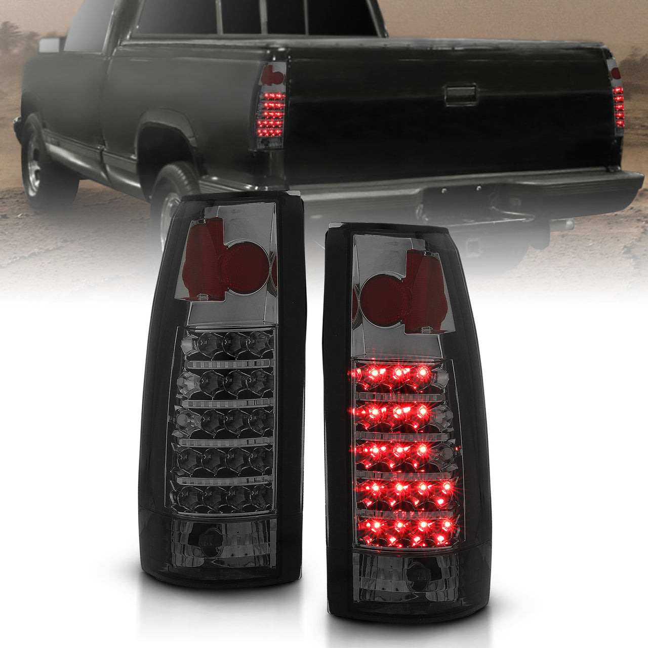 Chevy/GMC C/K 1500/2500/3500 88-99, SUBURBAN/YUKON 92-00, TAHOE 94-00, BLAZER 92-94, CADILLAC ESCALADE 99-00 LED TAIL LIGHTS SMOKE LENS
