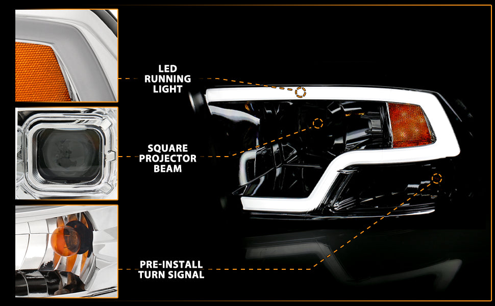 DODGE RAM 09-17 PROJECTOR LIGHT BAR STYLE HEADLIGHTS CHROME CLEAR AMBER