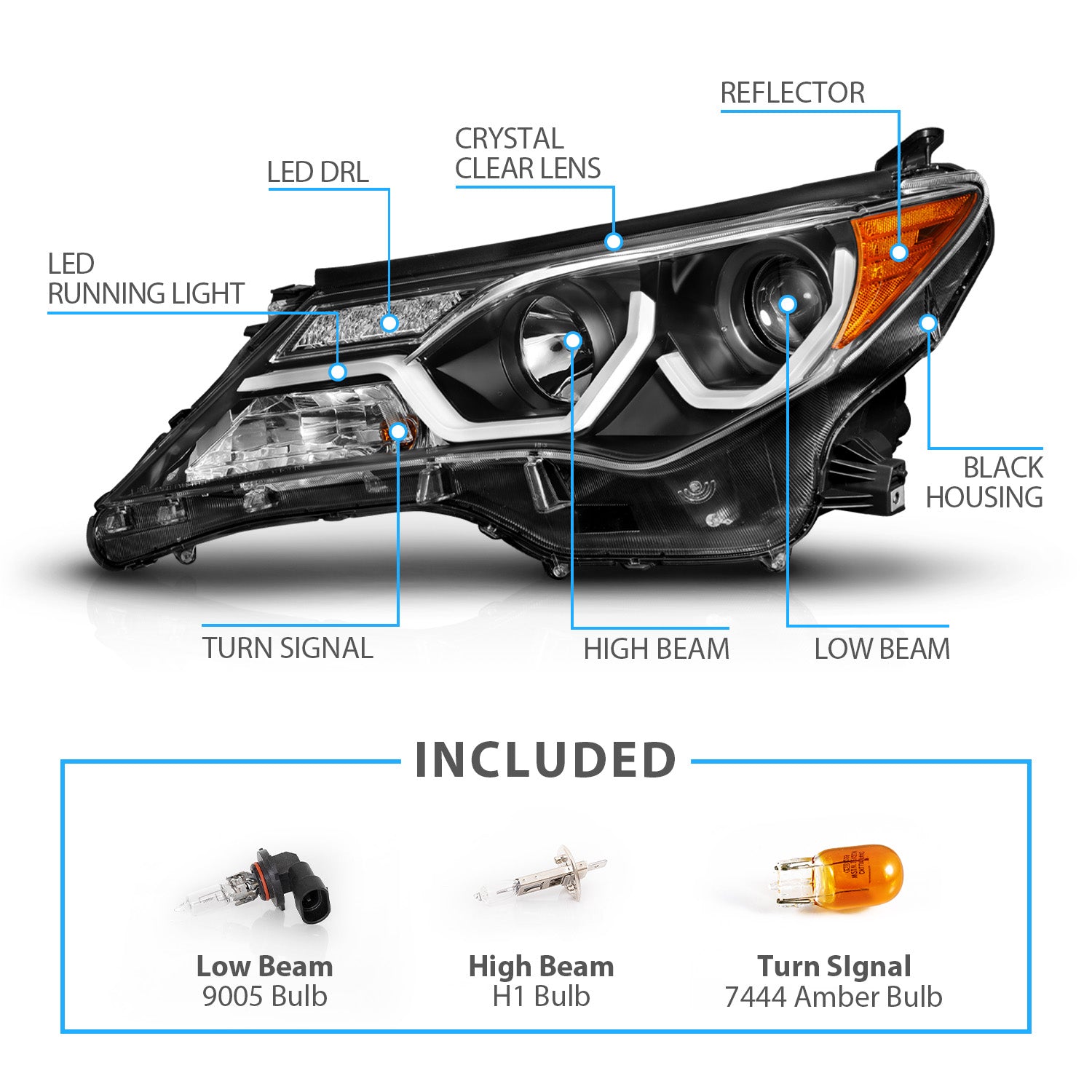 TOYOTA RAV-4 2013 UP PROJECTOR LIGHT BAR STYLE HEADLIGHTS BLACK CLEAR AMBER