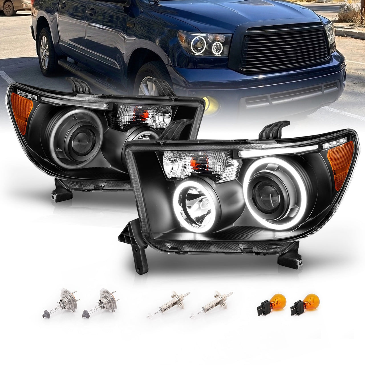 TOYOTA TUNDRA 07-13/SEQUOIA 08-17 PROJECTOR HEADLIGHTS HALO W/ LED BAR BLACK CLEAR AMBER (RX HALO)