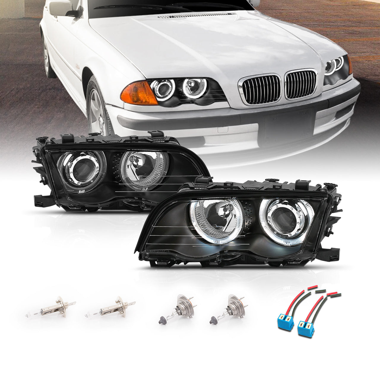 BMW 3 SERIES E46 99-01 4DR PROJECTOR HEADLIGHTS HALO BLACK CLEAR