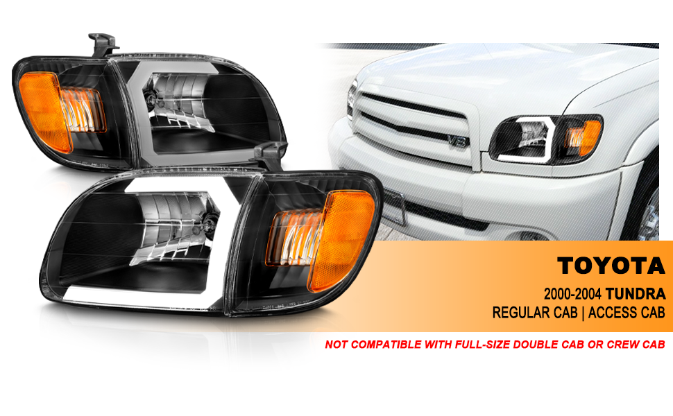 TOYOTA TUNDRA 00-04 HEADLIGHTS BLACK AMBER W/ C LIGHT BAR  W/CORNER LIGHTS (REGULAR CAB, ACCESS CAB)