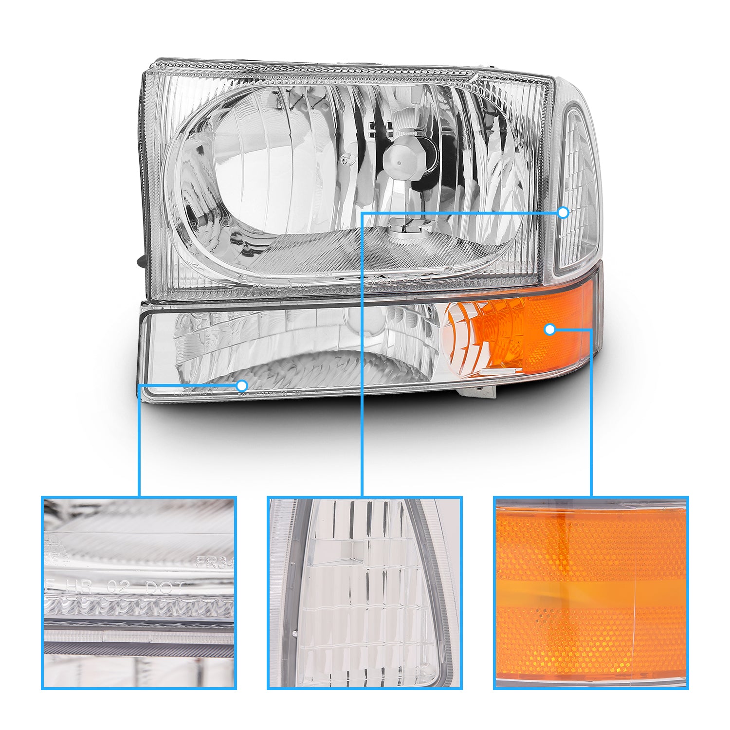 FORD EXCURSION 00-04/SUPER DUTY 99-04 HEADLIGHTS W/ CORNER LIGHTS CHROME AMBER