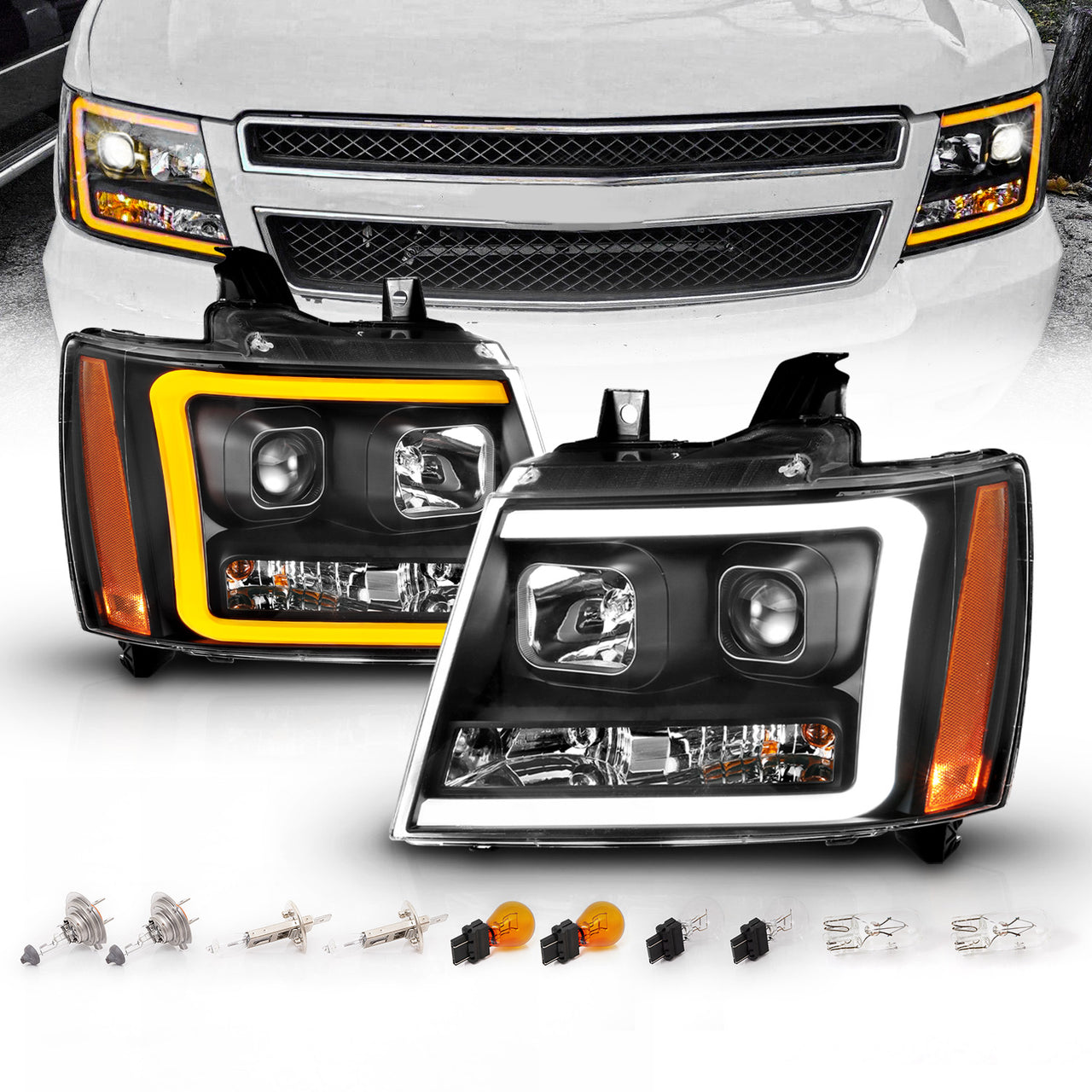 CHEVY TAHOE/SUBURBAN/AVALANCHE 07 PROJECTOR HEADLIGHTS G3 BLACK CLEAR AMBER