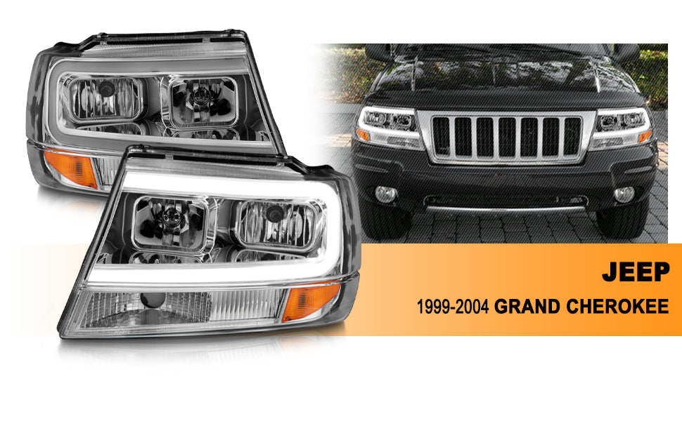 JEEP GRAND CHEROKEE 99-04 HEADLIGHTS CHROME AMBER (W/ C LIGHT BAR)