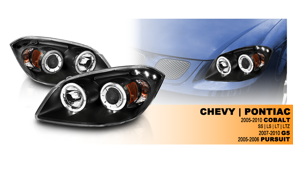 CHEVY COBALT 05-UP PROJECTOR HEADLIGHTS HALO W/O CCFL BAR BLACK CLEAR AMBER