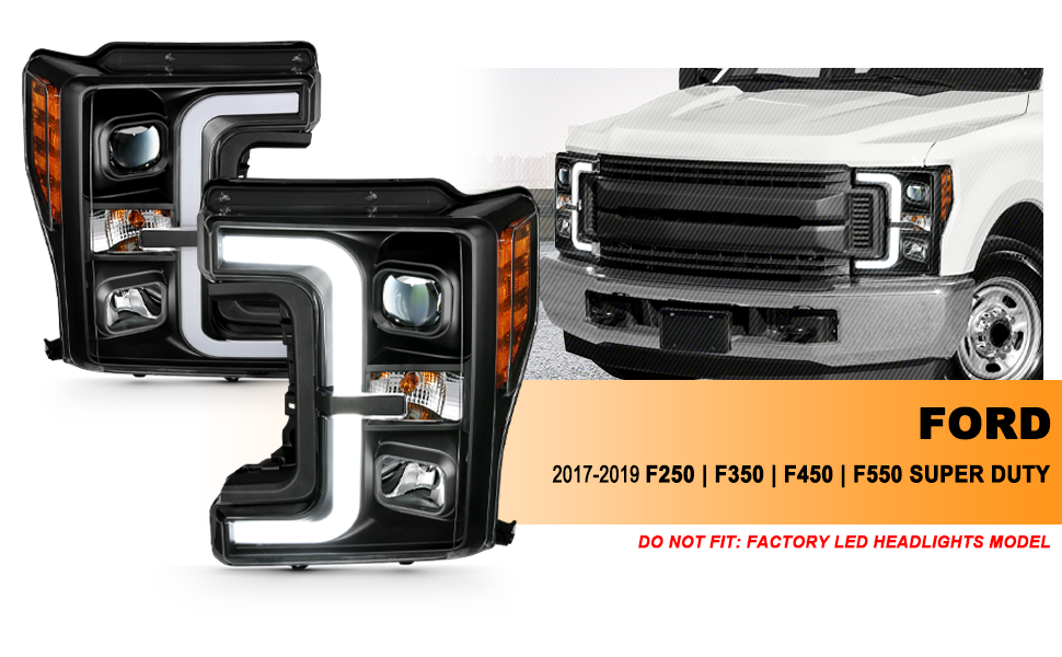 FORD F-250/F350/F450 17 UP PROJECTOR LIGHT BAR STYLE HEADLIGHTS BLACK AMBER