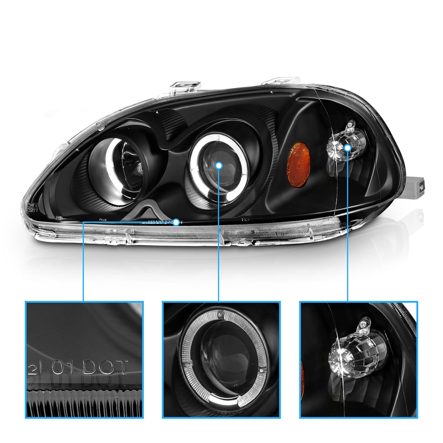 HONDA CIVIC 96-98 PROJECTOR HEADLIGHTS HALO BLACK CLEAR AMBER